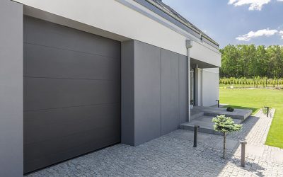 Close-up of garage door and driveway of modern house